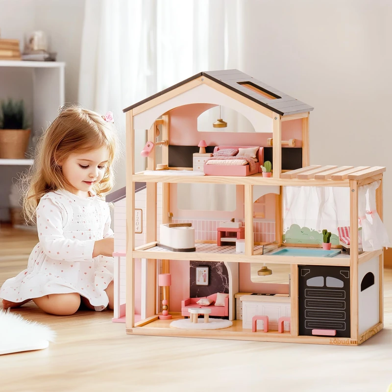 ROBUD Wooden Doll's House with Furniture, with Lift, Garage, Gazebo and Swimming Pool, Gift for Children from 3, 4, 5, 6 Years and Older, Black