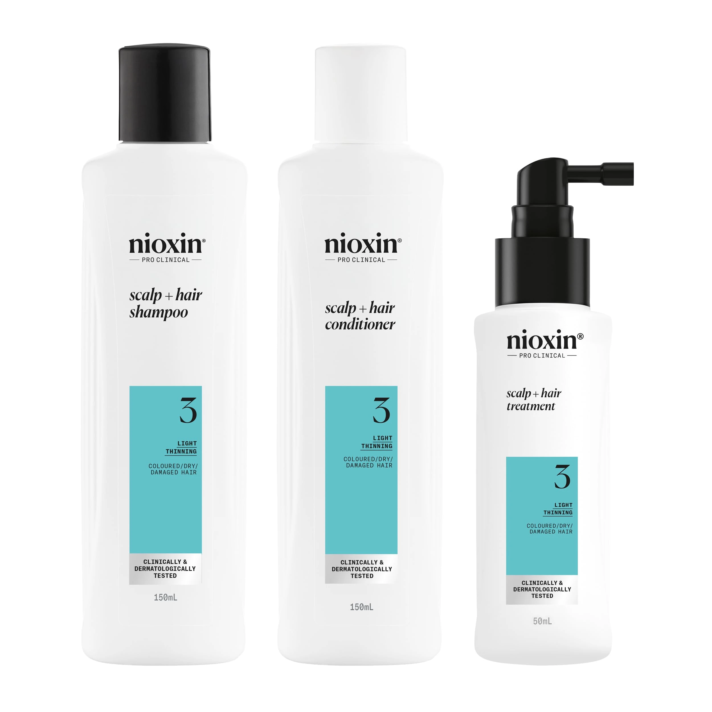 Nioxin Scalp + Hair Thickening System 3 Kit - Hair Thickening System for Coloured Or Dry Damaged Hair with Light Thinning - Shampoo, Conditioner & Scalp Treatment (150+150+50ml)