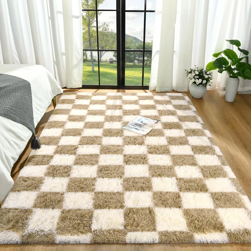 Zedrew Beige and White Area Rugs, 6x9 Large Fluffy Rugs for Bedroom Living Room, Soft Shaggy Modern Indoor Carpets, Big Plush Rugs for Kids Girls Room Nursery, High Pile Throw Rug for Home Decor