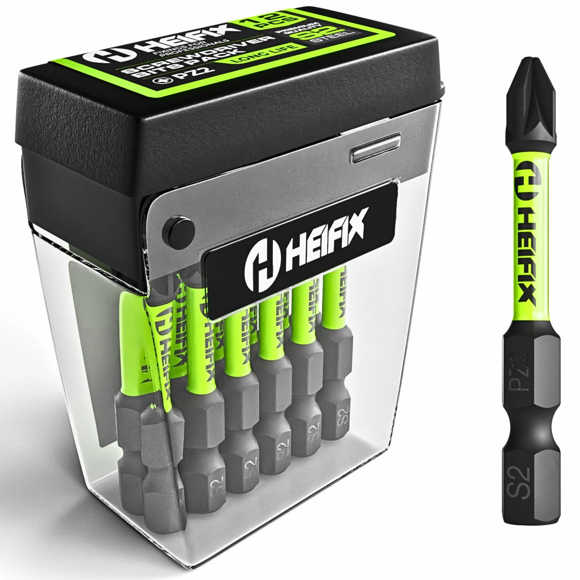 Heifix 12 x 50mm PZ2 Heifix Impact Screwdriver Magnetised Drill Screw Bit Set PZ2 Pozi TicTac Box