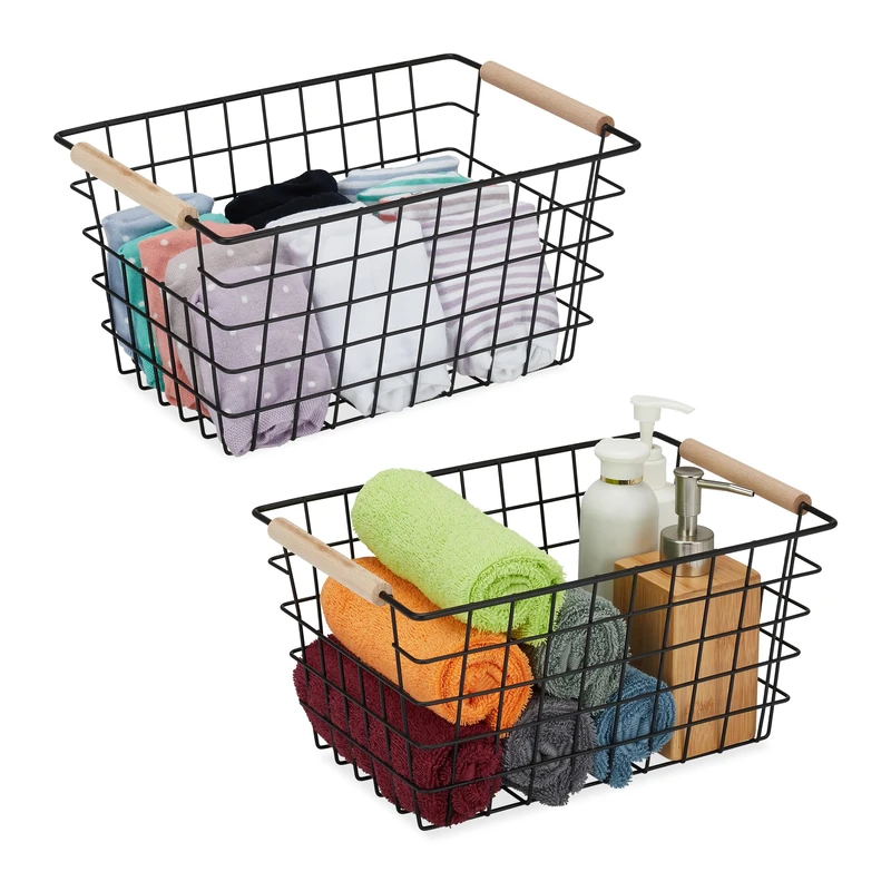 Relaxdays Wire Basket, Wooden Handles, Square, Lattice Design, Clothes, Accessories, Metal, HWD: 16 x 31 x 21 cm, Black - Image 1
