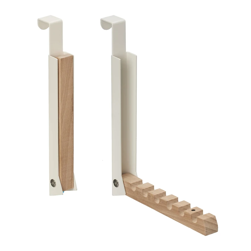 Relaxdays 2x Foldable Door Hanger, for Clothes, Coats, Suits, Hooks for 6 Items, Metal & Wood, Fits 2 cm Doors, Beige