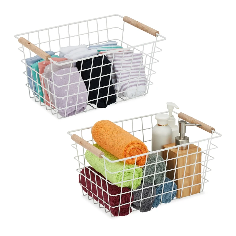 Relaxdays Wire Basket, Wooden Handles, Square, Lattice Design, Clothes, Accessories, Metal, HWD: 16 x 31 x 21 cm, White