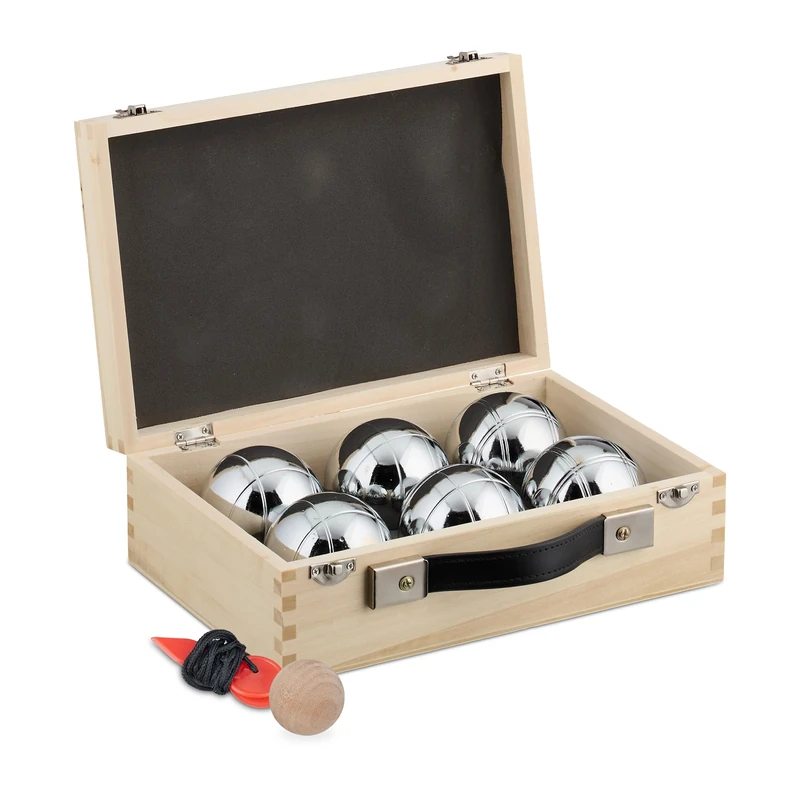 Relaxdays Boules Set, 6 Steel Balls, with Target, Distance Measure & Carrying Case, Lawn Bowling, Outdoor Game, Silver, Nylon, 20 x 28 x 9 cm