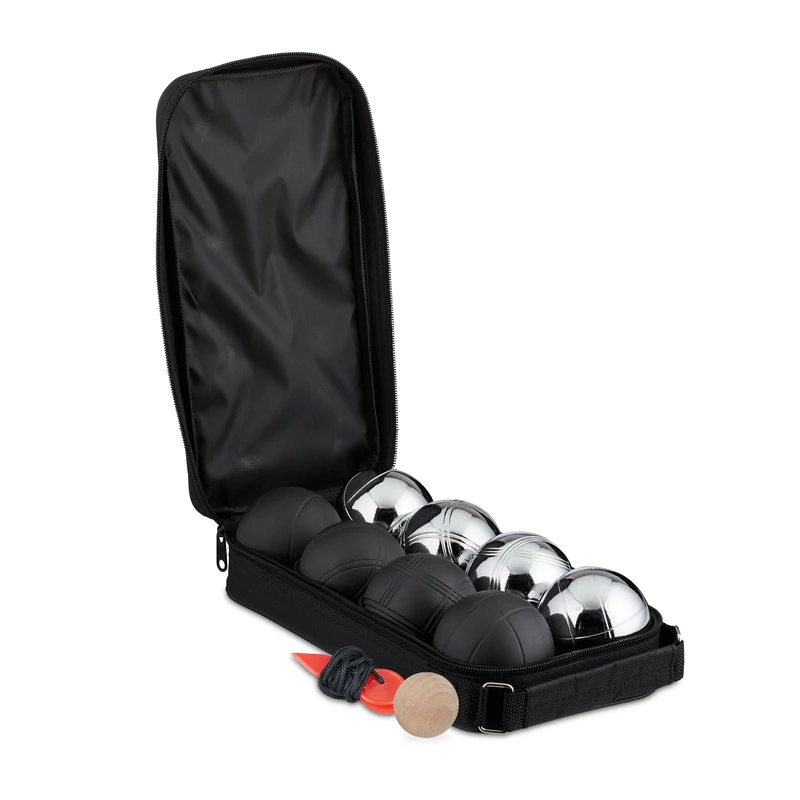 Relaxdays Boules Set, 8 Steel Balls, Target, Distance Measure & Carrying Bag, Lawn Bowling, Outdoor Game, Silver/Black, Nylon, 31 x 16 x 7 cm