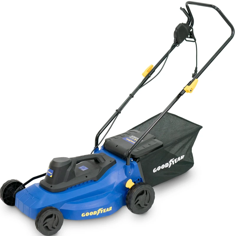 Goodyear - 1200W electric mower, 3300 rpm motor 230-240 V, mower with 32 cm cable, cutting width: 61 x 38 x 27 cm, 35 litre collection bag, height adjustable in 3 positions