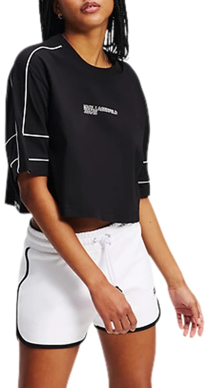 KARL LAGERFELD JEANS, Women's, Relaxed Short Sleeve Cropped Piping Tee, Relaxed Fit, Black, XS