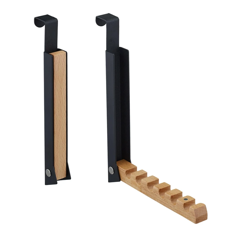Relaxdays 2x Foldable Hanger, for Clothes, Coats, Suits, Hooks for 6 Items, Metal & Wood, Fits 2 cm Doors, Black, Iron