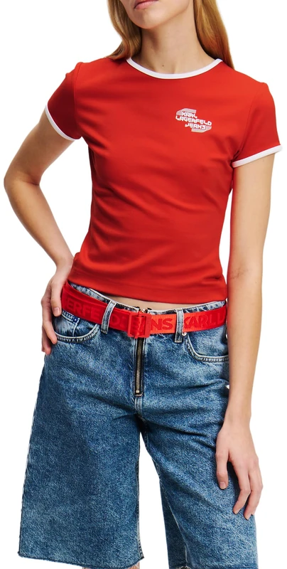 KARL LAGERFELD JEANS, Women's, Cap Sleeve Top, Regular Fit, Poinciana, S Red