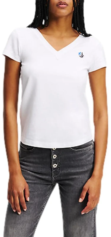 KARL LAGERFELD JEANS, Women's, Slim Short Sleeve V-Neck Tee, Slim Fit, White, Xs