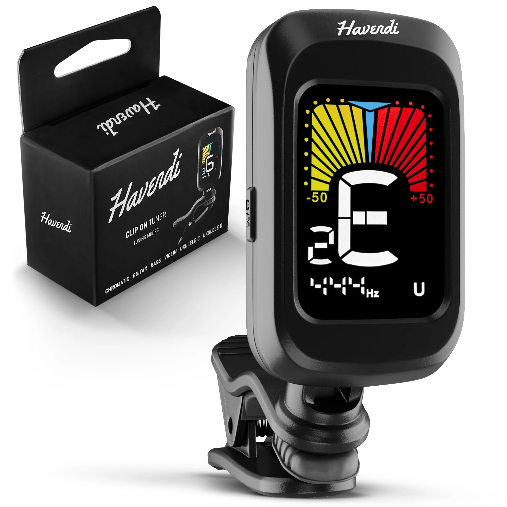 Havendi Tuner Clip On I Tuner Guitar, Bass, Violin & Ukulele I Precise Tuning with Colour Display & 360° Rotation I Includes Battery - Guitar Tuner Chromatic for Musicians