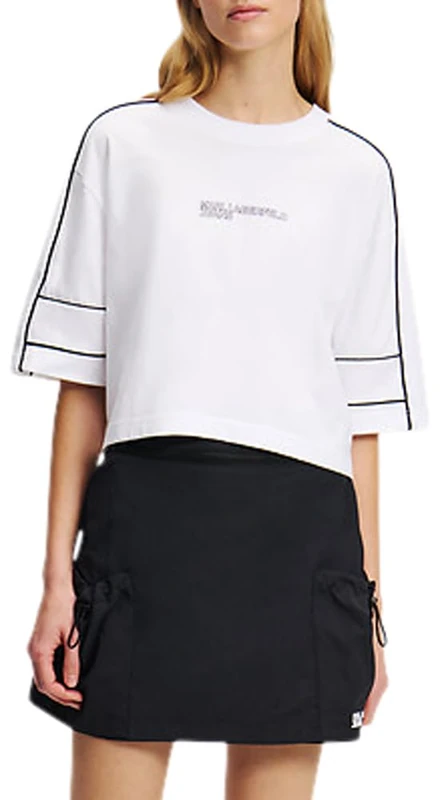 KARL LAGERFELD JEANS, Women's, Relaxed Short Sleeve Cropped Piping Tee, Relaxed Fit, White, XS