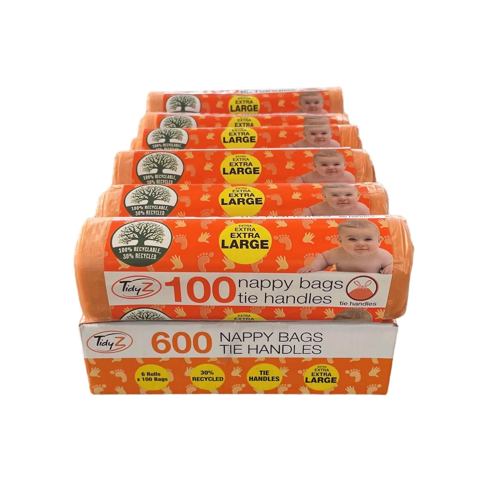 600 TidyZ Extra Large Disposable Nappy Bags. With Tie Handles. Made with a minimum of 30% Recycled Plastic. On a roll for Safety. Suitable for babies nappies, wipes, travel waste. 6 rolls of 100 bags