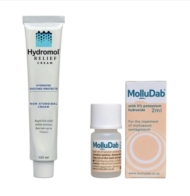 Molludab Molluscum Solution 2 ml X Hydromol Relief Cream 100 ml | Molluscum Contagiosum Treatment and Itch Relief Cream