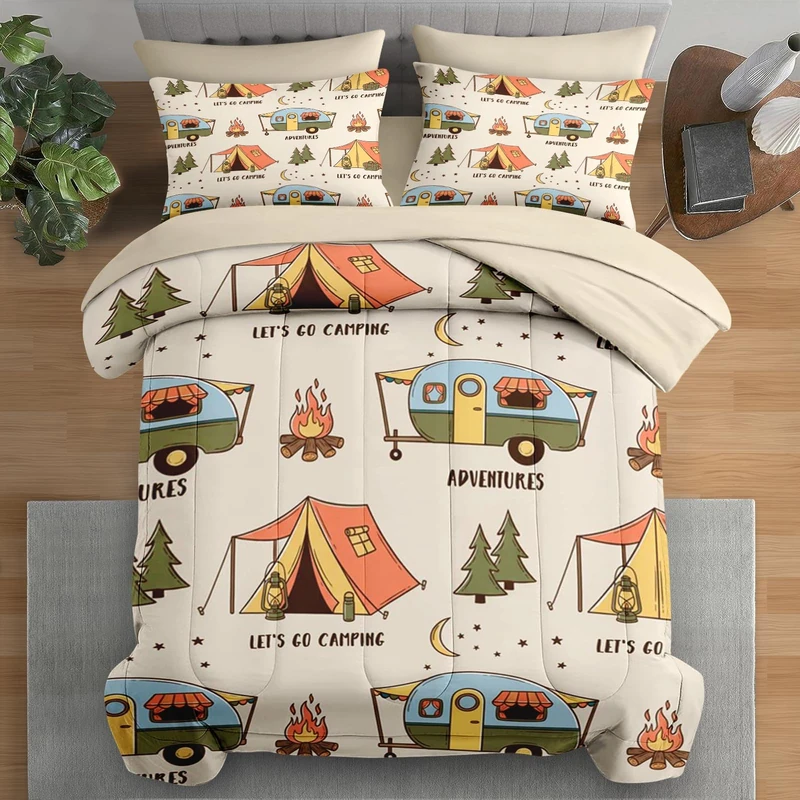 Pamnest Comforter Set Twin Size, Summer Camp RV 5 Pcs Bedding for Kids and Adults, Camping Adventure Bed Sheet Sets with Fitted Sheet Pillowcase & Sham for Bedroom Bed Decor