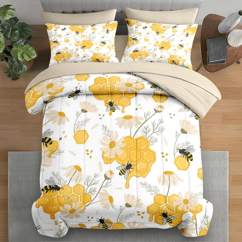 Pamnest Elegant Floral Twin Size 5 Pcs Bedding Set, Bees Honey Flower, Spring Summer Bed Sheet Sets with Fitted Sheet Pillowcase & Sham
