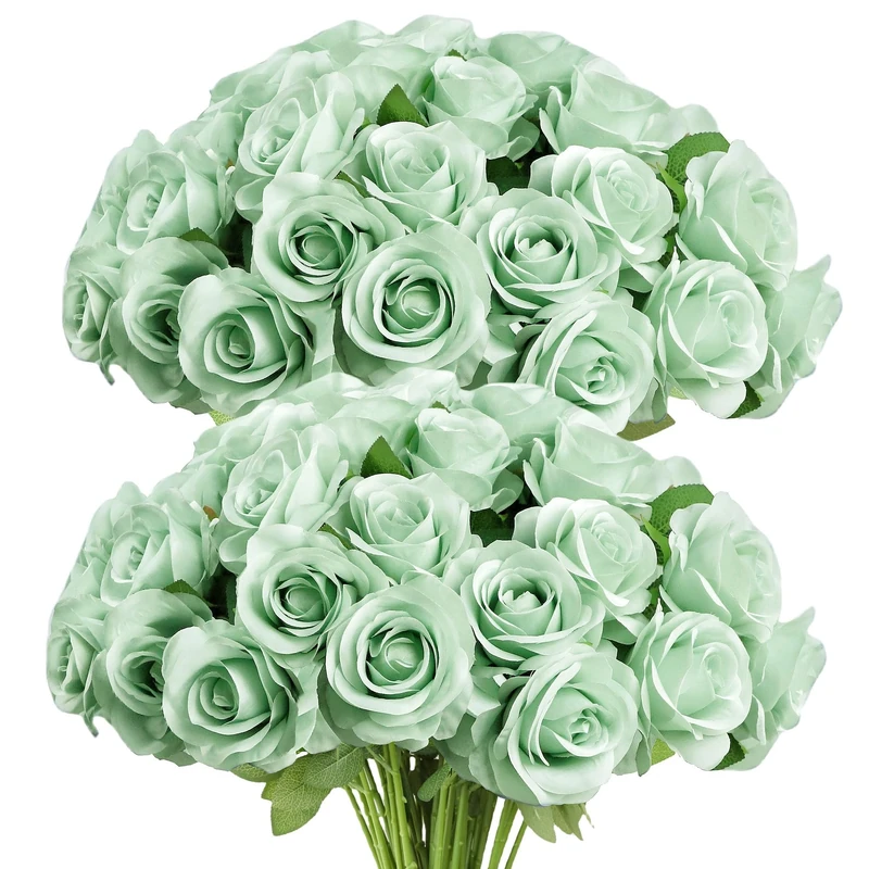 LVEFIT Artificial Rose Flower Artificial Flowers Flower with Long Stem Silk Roses Bouquet for Wedding Bridal Shower Party Home Decoration (Sage Green, 50 Pcs)