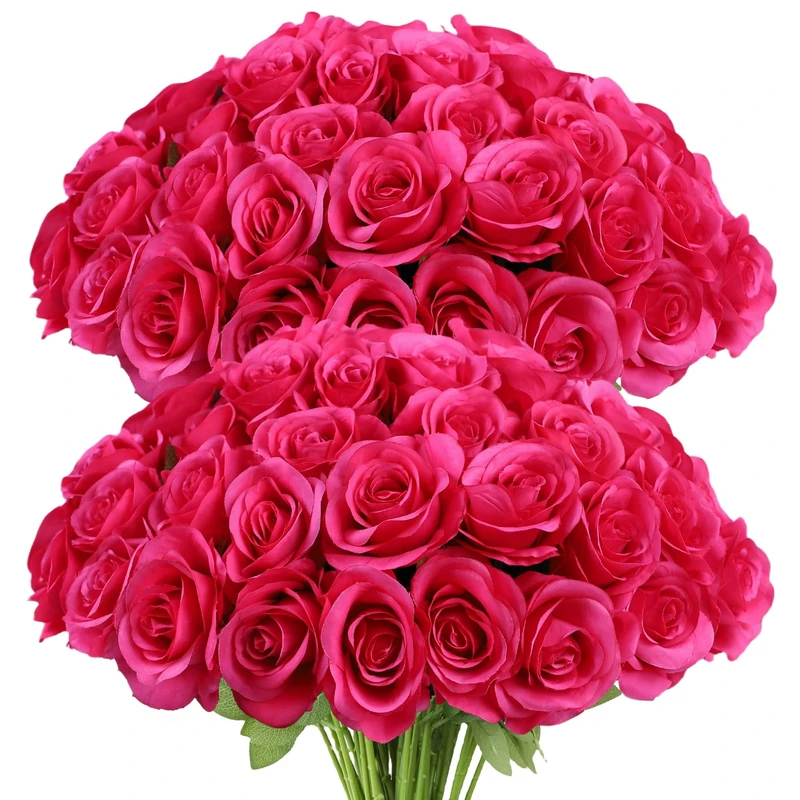 LVEFIT Artificial Rose Flower Artificial Flowers Flower with Long Stem Silk Roses Bouquet for Wedding Bridal Shower Party Home Decoration (Hot Pink, 50 Pcs)
