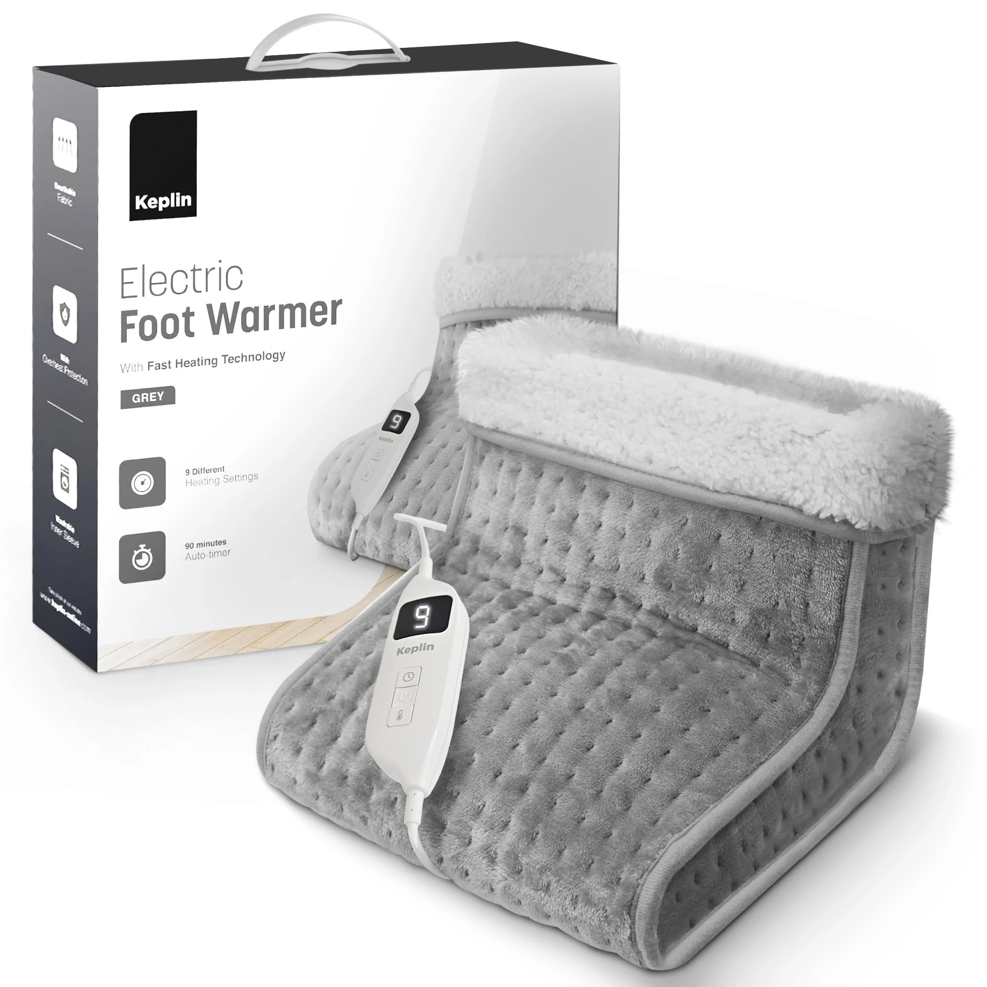 KEPLIN Electric Foot Warmer - 9 Adjustable Temperature Settings, 90-Min Auto Shut-Off Timer, Overheat & Overcurrent Protection, Soft Fleece Lining, Washable Inner Sleeves (32x28x26cm) (Grey, 1 Pack)