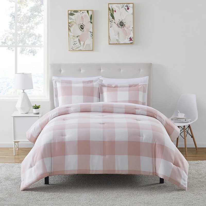 Sweet Home Collection Ultra Soft Down Alternative Set & Luxurious Bed Sheets, Polyester, Checkered Box Blush, Full