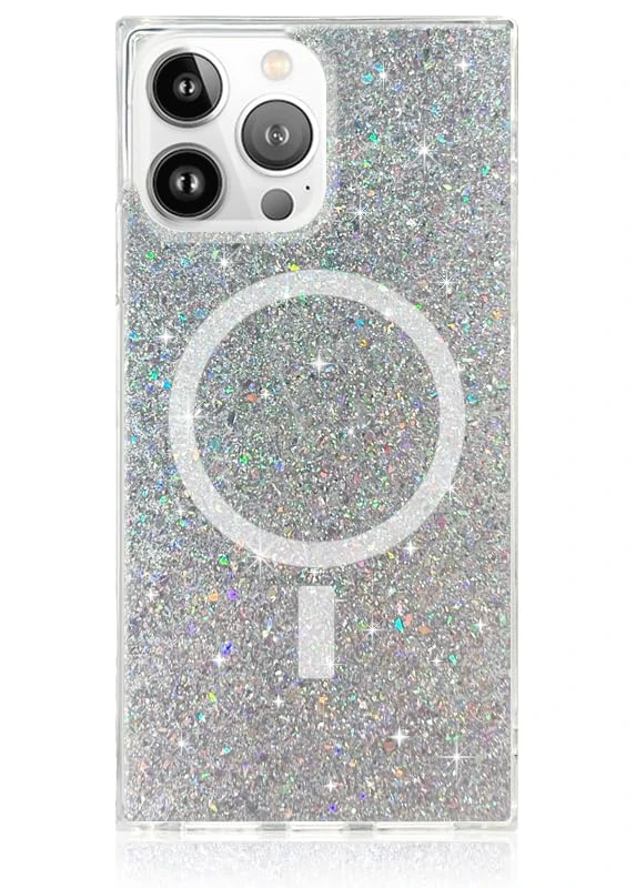 FLAUNT Official Square Protective Case - Compatible with iPhone 15 Pro - Compatible with MagSafe - Drop-Tested & Shockproof - The Official Square Phone Case (Silver Glitter)