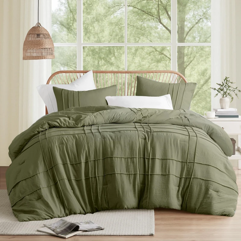 Comfort Spaces Olive Green King Size Comforter Set - 3 Pieces Pintuck Pleated Bedding Sets, All Season Lightweight, Extra Softness Pre-Washed Microfiber Bed Set, Shams