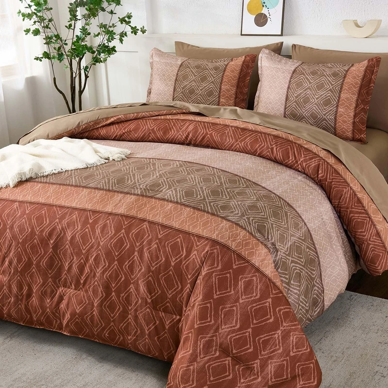 Dinjoy Red Brown King Size Comforter Set,Striped Boho Bed in a Bag King 7 Pieces Soft Bedding Comforters Sets Microfiber Complete Bed Sets for All Season