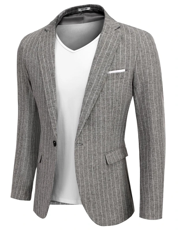 COOFANDY Men's Casual Suit Blazer Jackets Lightweight Sports Coats One Button Linen Texture Jacket, Striped Blazer - Dark Gray, L - Image 1