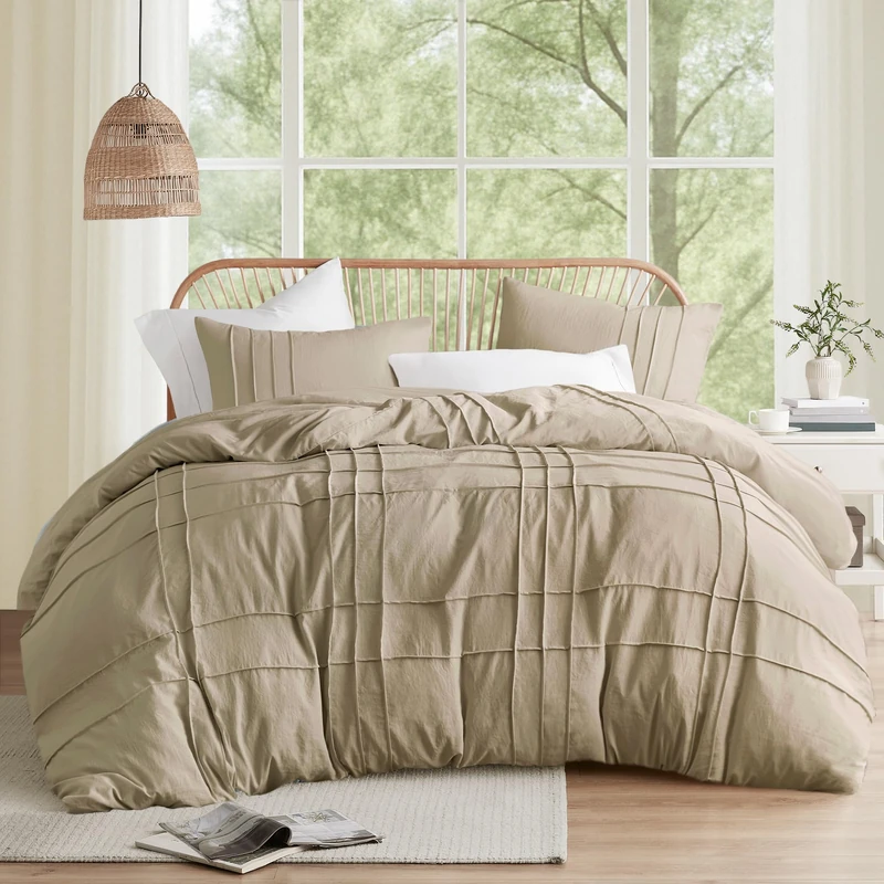 Comfort Spaces Khaki King Size Comforter Set - 3 Pieces Pintuck Pleated Bedding Sets King, All Season Lightweight, Extra Softness Pre-Washed Microfiber King Bed Set, Shams, King