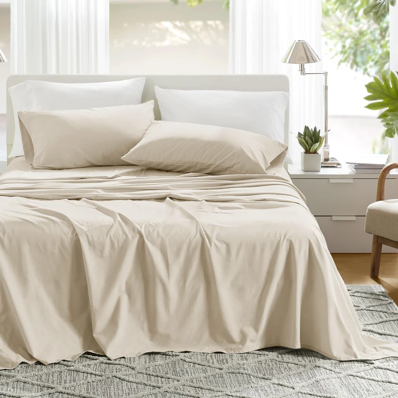 Comfort Spaces 100% Cotton Sheets Cal King, Breathable & Soft Cotton Sheets, Naturally Cool Cotton Bed Sheets with 14" Elastic Pocket Fits up to 16" Mattress, All Seasons Sheet Set, Cream 4 Piece