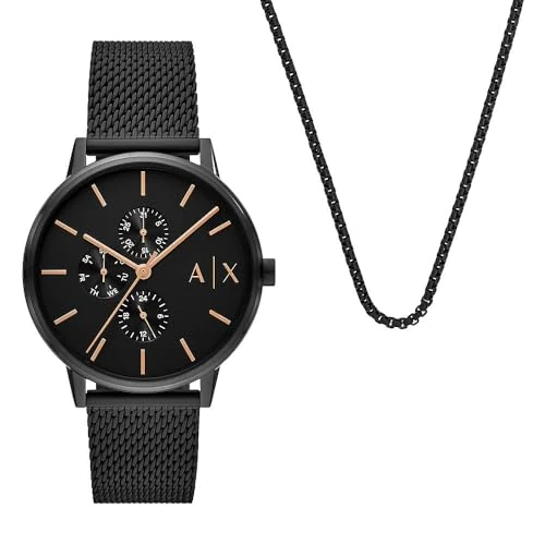 Armani Exchange Watch for Men Automatic Movement and 46mm Case Size with Stainless Steel Leather or Silicone Strap, Jet Black