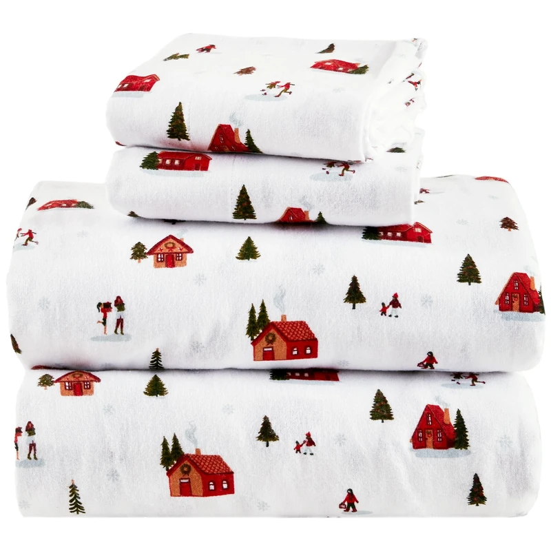 Comfort Spaces 100% Cotton Flannel Sheets King Size, Ultra Soft Cozy Flannel Sheet Set with 14" Elastic Pocket Fits up to 16" Mattress, Novelty Print Warm Flannel Bedding, Christmas Village 4 Piece