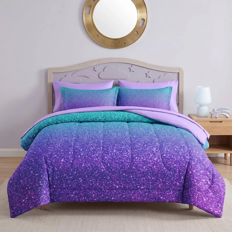 Pamnest Comforter Set Queen Size, Colorful Girls Ombre Purple Glitter 7 Pcs Bedding for Kids and Adults, Neon Blue Teal Bed Sheet Sets with Fitted Sheet 2 Pillowcases & 2 Shams for Bedroom Bed Decor
