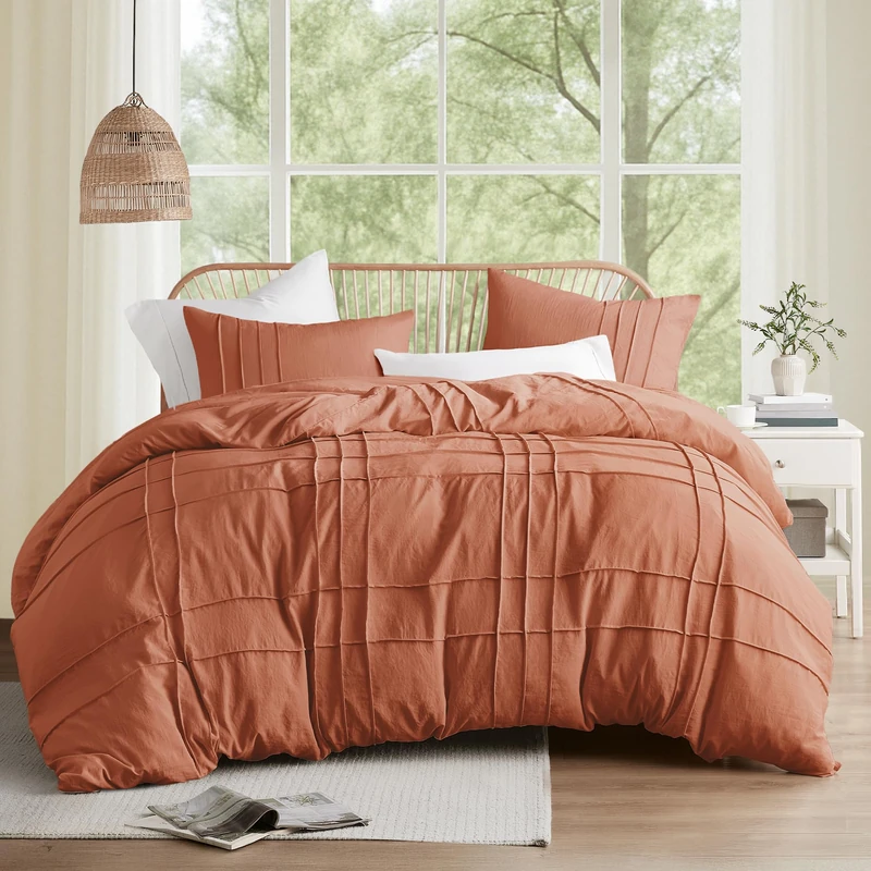 Comfort Spaces King Size Clay Farmhouse Comforter Set - 3 Pieces, Pintuck Pleated Bedding Sets, King, All Season, Lightweight, Extra Softness, Pre-Washed Microfiber