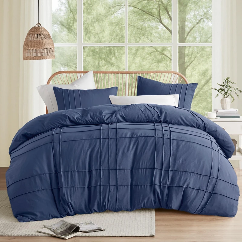 Comfort Spaces Navy Cal King Size Comforter Set - 3 Piece Pintuck Pleated Bedding Set, All Season Lightweight, Extra Softness Pre-Washed Microfiber Bed Set, Shams