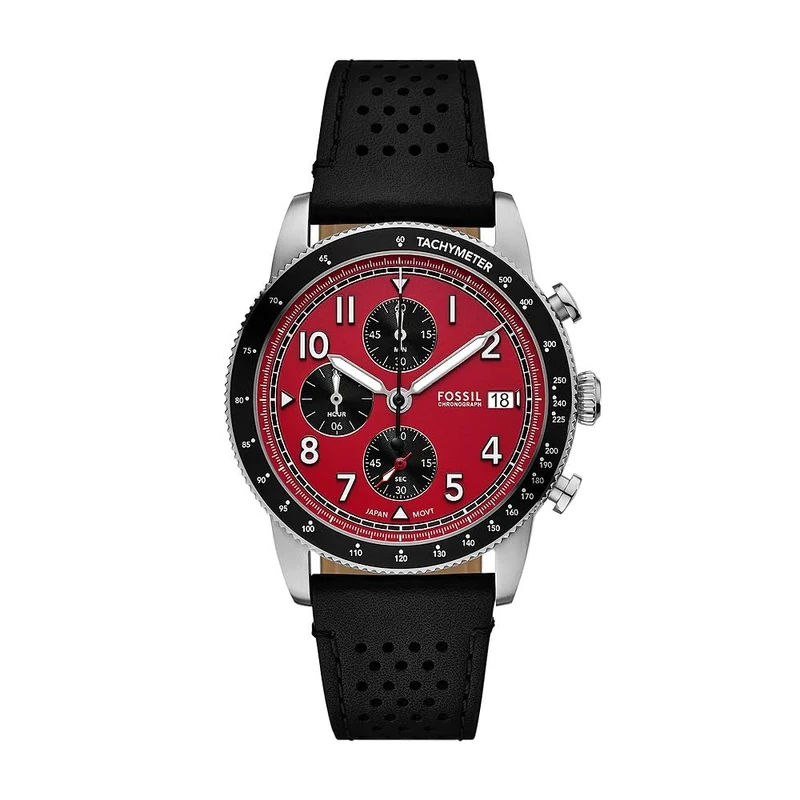 FOSSIL Sport Tourer Watch for Men, Quartz Movement with Stainless Steel or Leather Strap, Dark Red