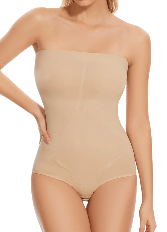ONEW Strapless Bandeau Shapewear Bodysuit for Women Cami Bodysuit Top with Removable Spaghetti Straps Tummy Control Full Body Shaper,Beige,M