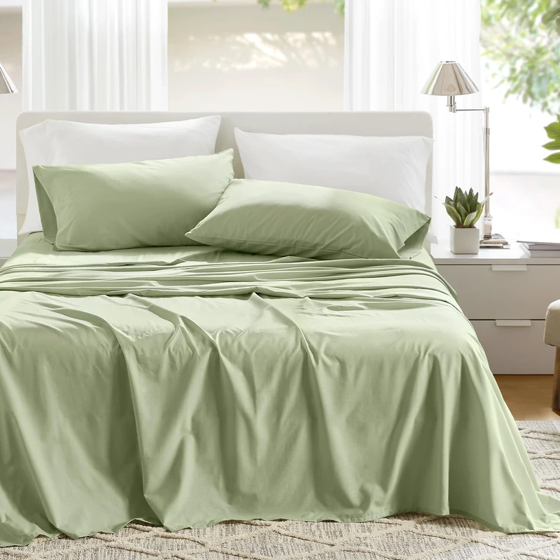 Comfort Spaces 100% Cotton Sheets Queen, Breathable & Soft Cotton Sheets, Naturally Cool Cotton Bed Sheets with 14" Elastic Pocket Fits up to 16" Mattress, All Seasons Sheet Set, Sage Green 4 Piece