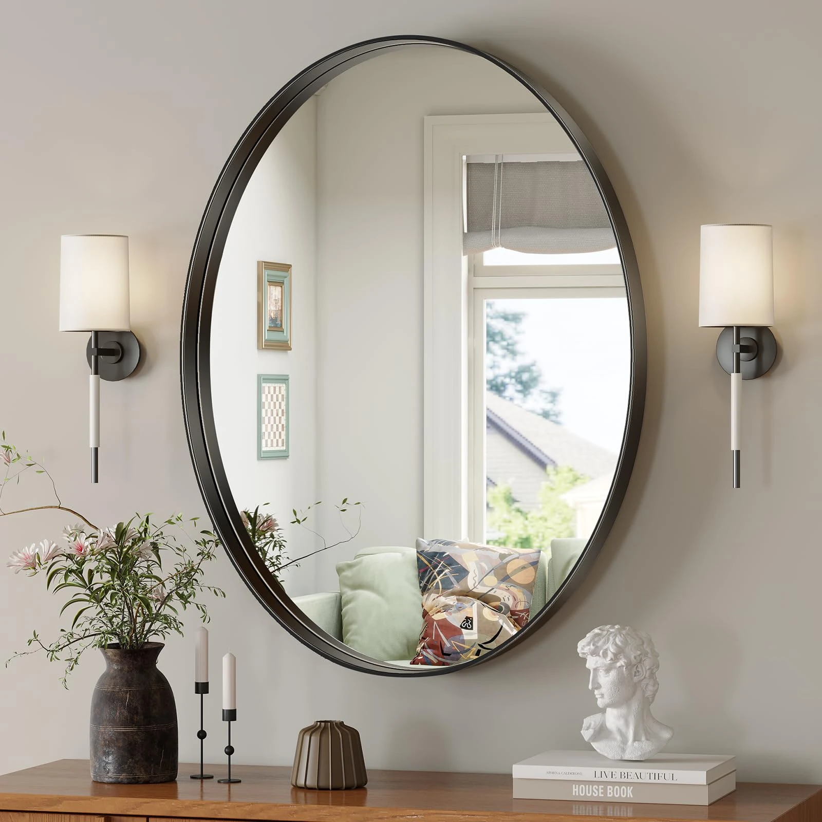 Brightify Black Oval Mirror for Bathroom 20x28 Inch, Oval Vanity Mirror Black Metal Frame, Modern Wall Mirror for Bedroom Living Room Farmhouse Fireplace Entryway, Hangs Horizontal or Vertical