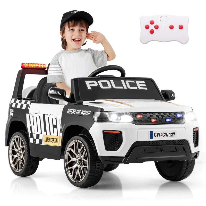 GYMAX Kids Ride on Police Car, 12V Battery Powered Car with Remote Control, Wireless Connection, USB, Music, Radio, Horn and Siren Flashing Lights, Children Electric Vehicle for 3-8 Years Old (White)
