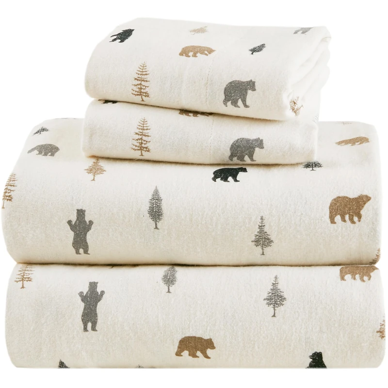 Comfort Spaces 100% Cotton Flannel Sheets Queen Size, Ultra Soft Cozy Flannel Sheet Set with 14" Elastic Pocket Fits up to 16" Mattress, Novelty Print Warm Flannel Bedding, Bear/Trees 4 Piece