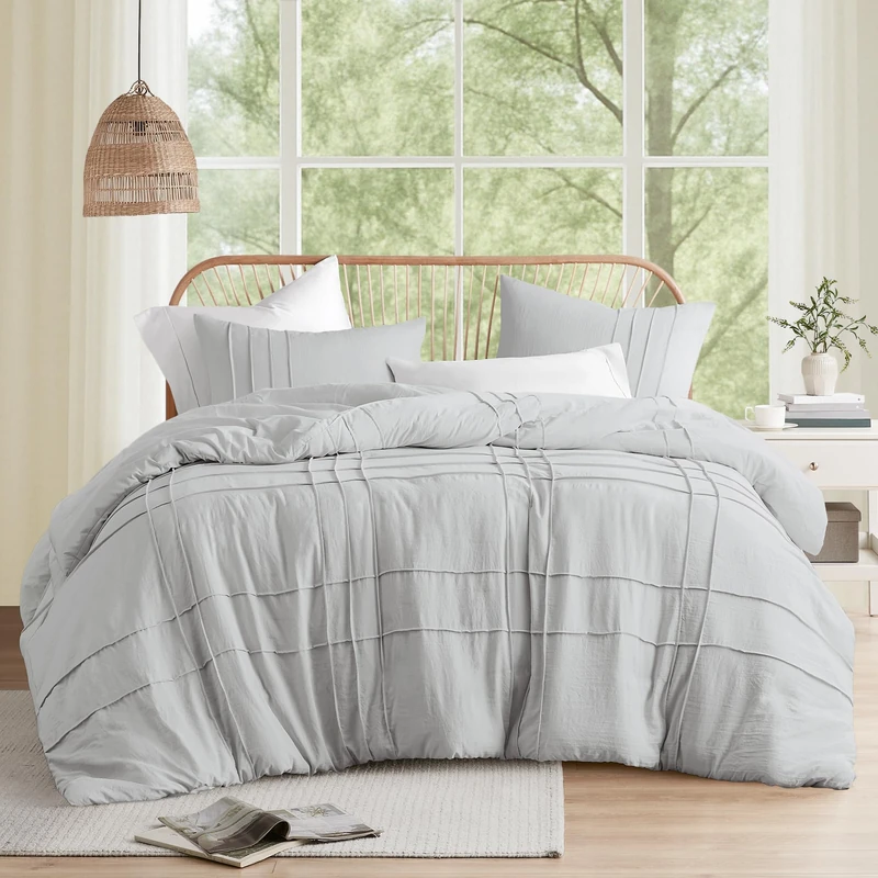 Comfort Spaces Silver Cal King Size Duvet Cover Set - 3-pc Pintuck Pleated Duvet Cover, All Season Lightweight, Extra Softness Pre-Washed Microfiber Cal King Bed Cover Shams, Cal King