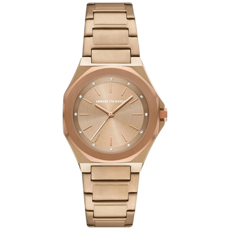 Armani Exchange Watch for Women, Quartz Three Hand Movement and 34 mm Case Size with Stainless Steel or Leather Strap, Sepia Gold