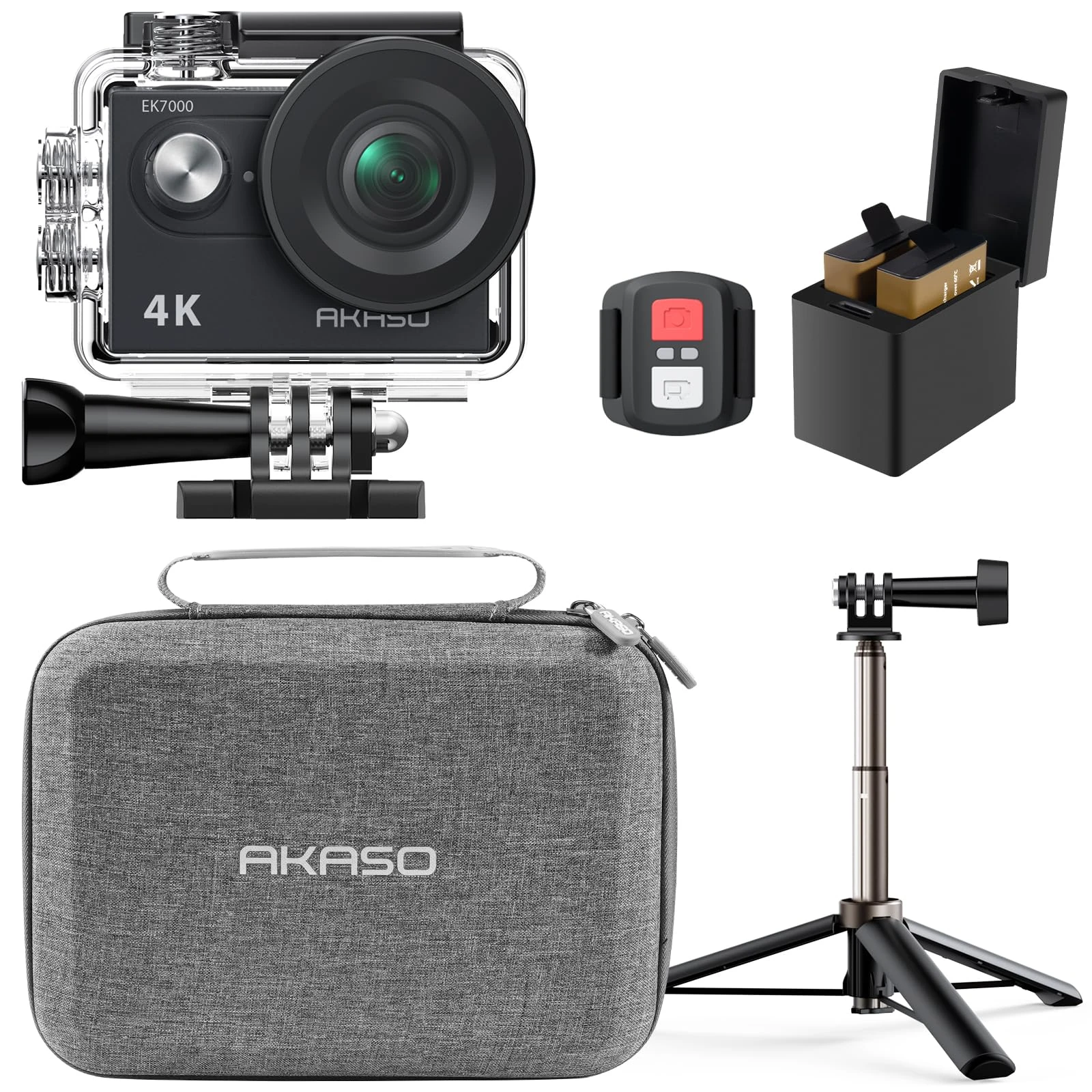 AKASO EK7000 Action Camera Selfie Stick Bundle - Includes 4K30FPS EK7000 Underwater Camera, Selfie Stick, 2 Batteries, Carrying Case, and Accessory Kits