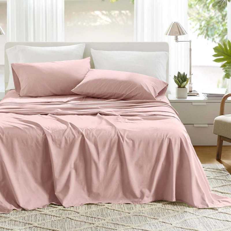 Comfort Spaces 100% Cotton Sheets King, Breathable & Ultra Soft Cotton Sheets, Naturally Cool Cotton Bed Sheets with 14" Elastic Pocket Fits up to 16" Mattress, All Seasons Sheet Set, Pink 4 Piece