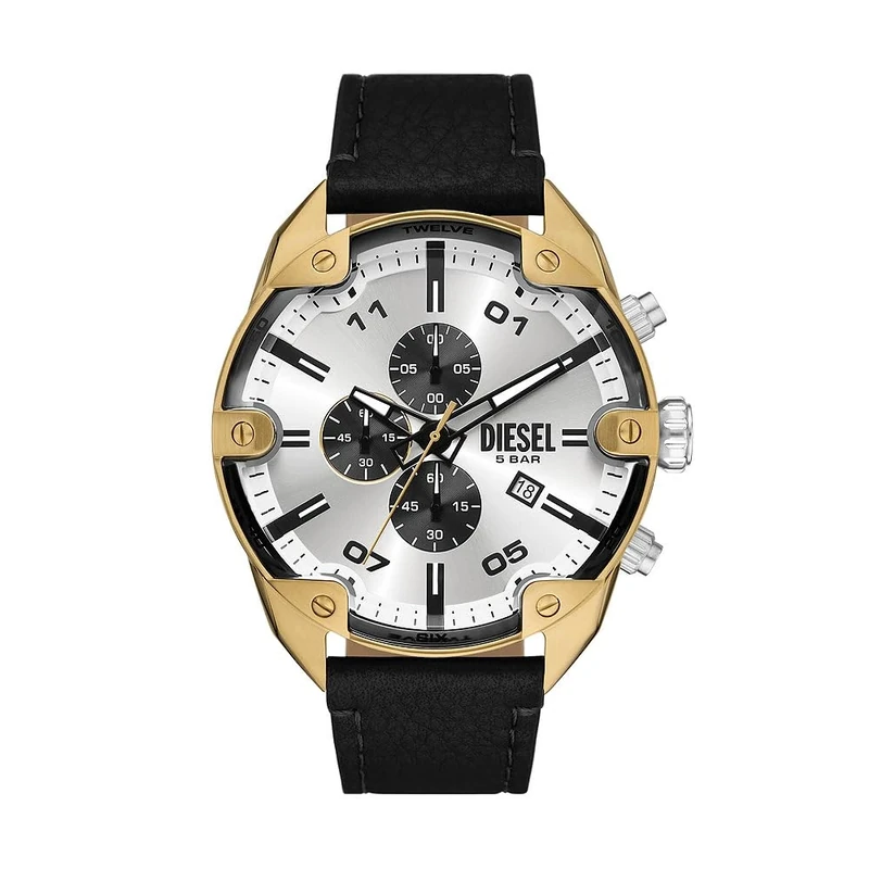 Diesel Spiked Watch for Men, Quartz Chronograph Movement with Leather Strap