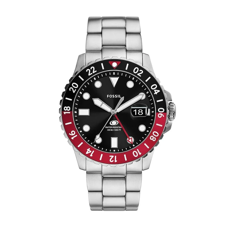 FOSSIL Blue GMT Watch for Men, Three Hand Date Movement with Stainless Steel or Silicon Strap