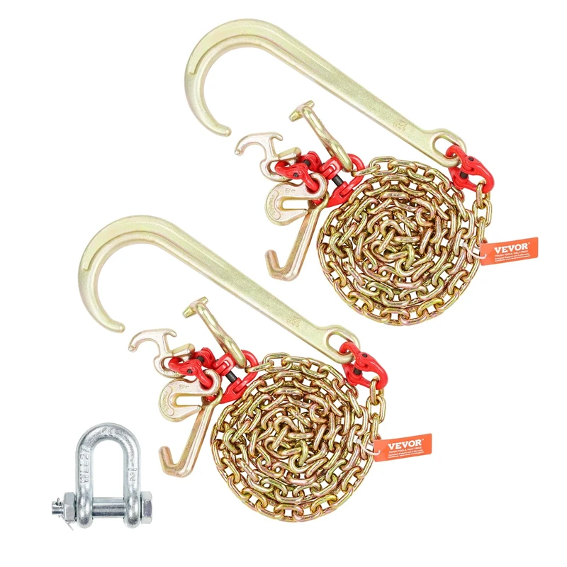 VEVOR J Hook Chain, 2PCS 5/16" x 6' G80 15" Long Shank J Hook Tow Chain with RTJ Cluster Hook & Grab Hook, 5400 lbs Working Load, Heavy Duty Transport Truck Chain for Wrecker Recovery Trailer Towing