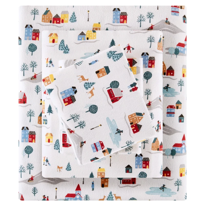 SLEEP PHILOSOPHY True North 100% Cotton Flannel Sheets King Size, Cozy Flannel Sheet Set Brushed for Extra Softness, Heavyweight Novelty Print Warm Flannel Bedding Set,White Village Print 4 Piece