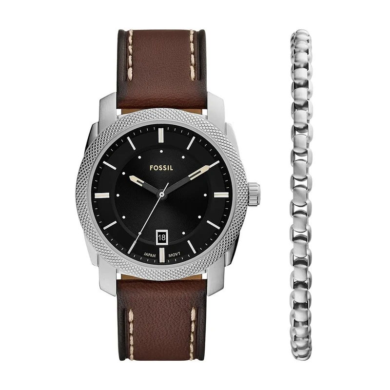 Fossil Machine Watch for Men, Quartz Three Hand Date Movement with Stainless Steel or Leather Strap
